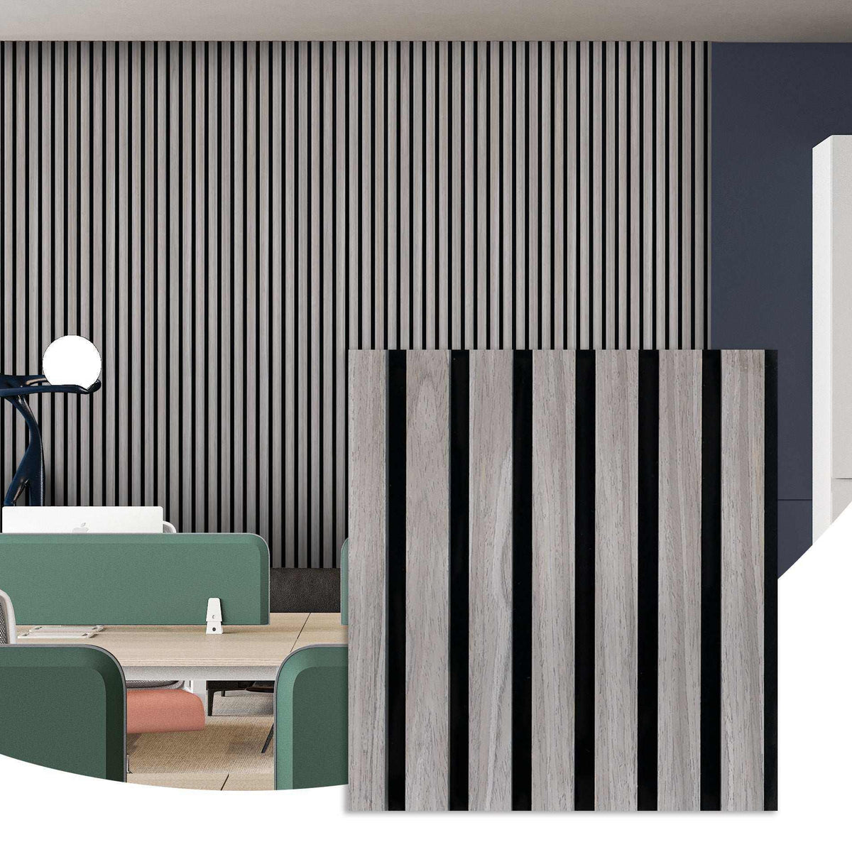 Gray acoustic wood wall panel installed in a contemporary room, with enlarged slat detail