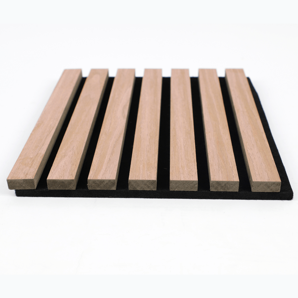 Low-angle view of raised natural wood slats and black backing on the acoustic wall panel