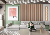 Light wood acoustic wall panels installed as a vertical slat accent behind a modern sofa