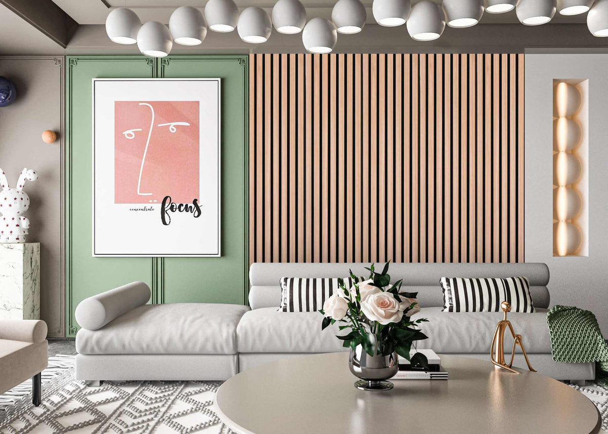 Light wood acoustic wall panels installed as a vertical slat accent behind a modern sofa