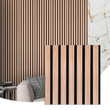 Natural light wood acoustic slat wall installation with close-up of the black-backed panel