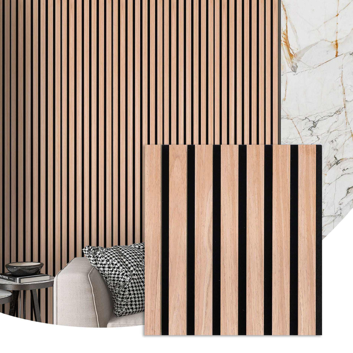 Natural light wood acoustic slat wall installation with close-up of the black-backed panel