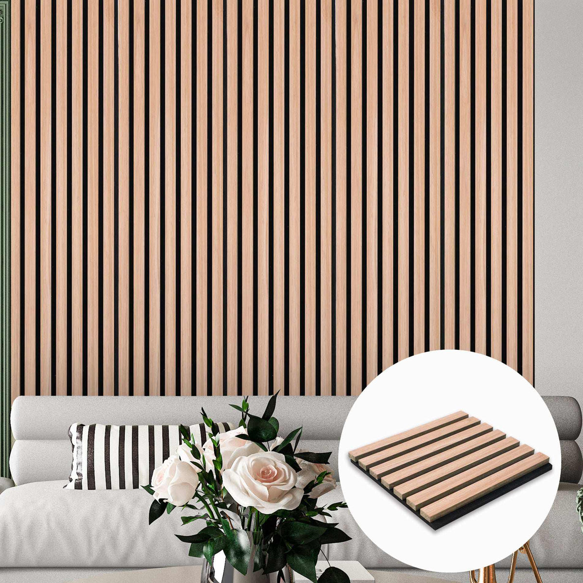 Light wood acoustic wall panels with vertical slats installed behind a living room sofa, with panel inset