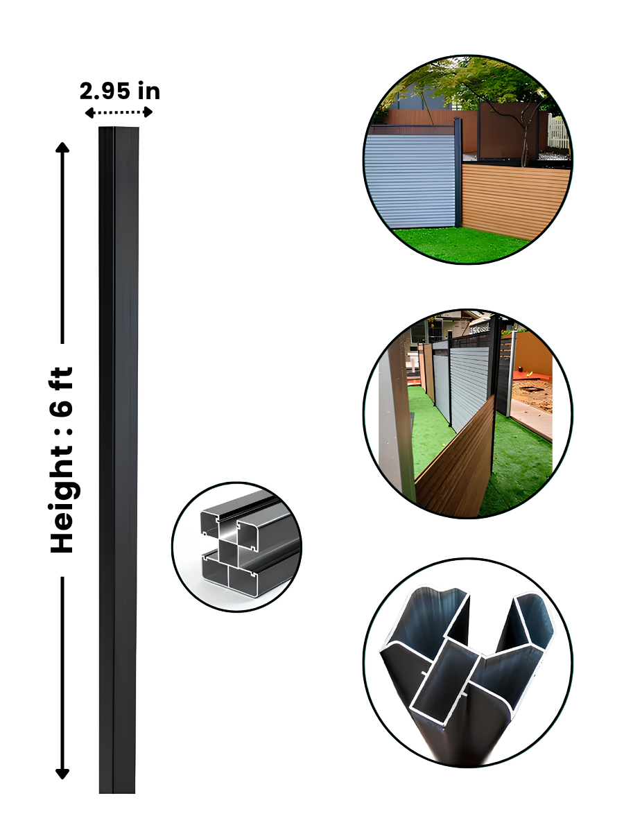 Black 6 ft adjustable angle corner post with 2.95-inch width, profile details and installed fencing examples