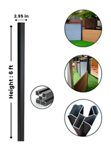 Black 6 ft adjustable angle corner post with 2.95-inch width, profile details and installed fencing examples