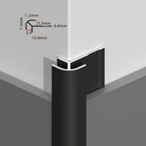 Black rounded aluminum outside corner trim fitted over wall panels with profile dimensions