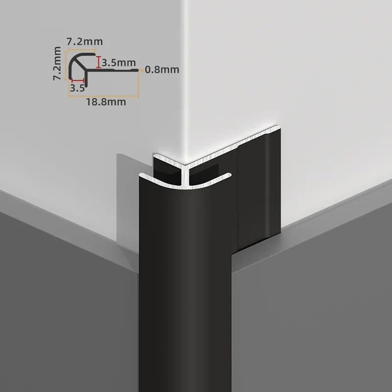 Black rounded aluminum outside corner trim fitted over wall panels with profile dimensions