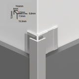 Silver aluminum outside corner trim installed over wall panels with angular profile dimensions