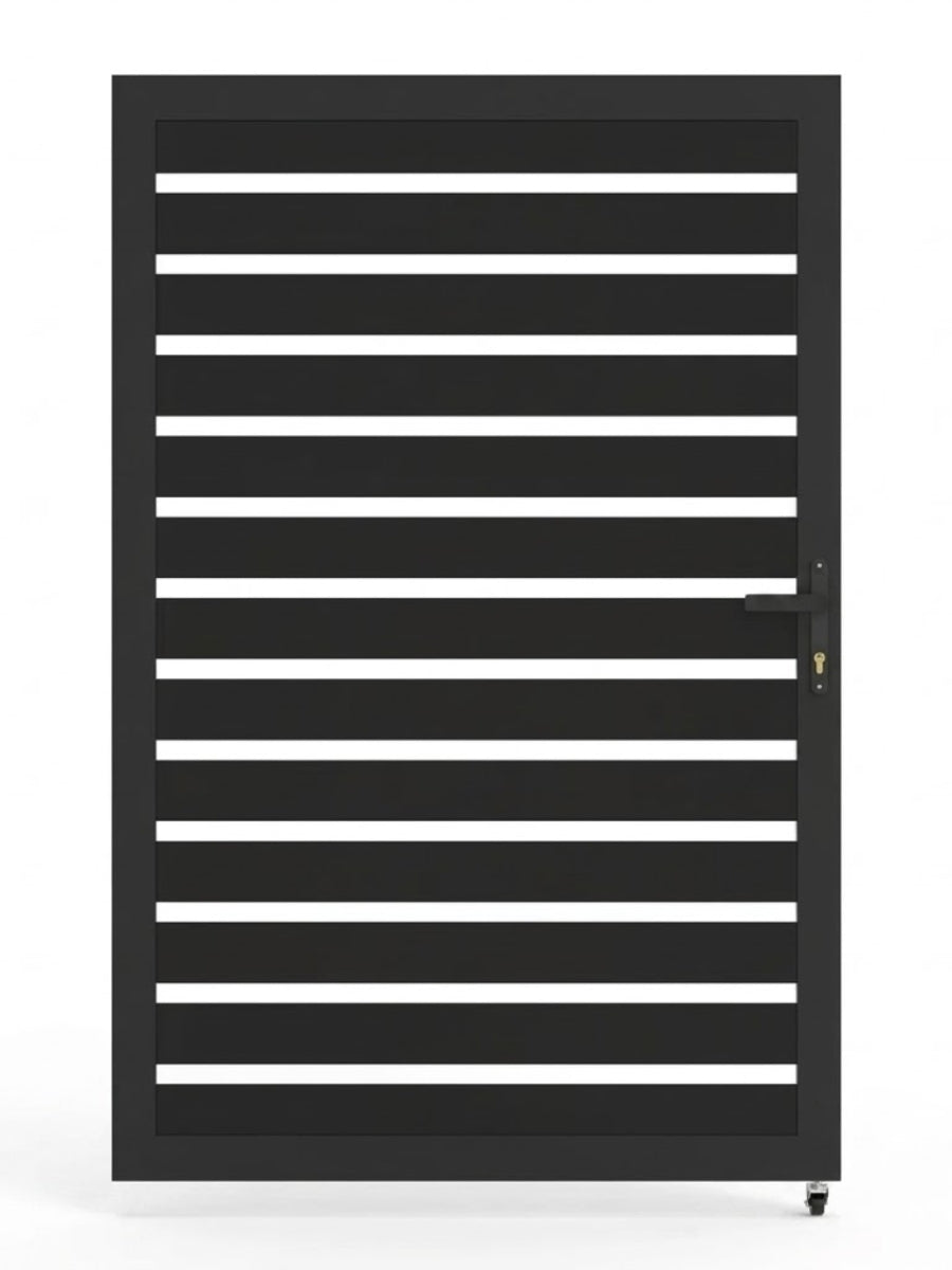 Black 4x6 aluminum fence gate with modern horizontal slats and semi-privacy design