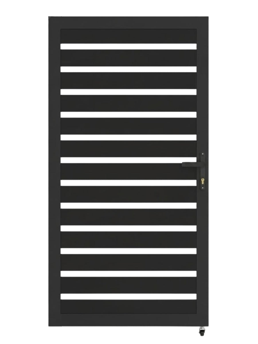 Front view of black 3x6 aluminum semi-privacy fence gate with horizontal slats and keyed handle