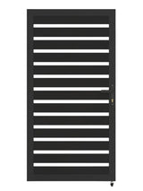 Front view of black 3x6 aluminum semi-privacy fence gate with horizontal slats and keyed handle