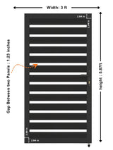 Black aluminum semi-privacy gate with dimensions showing 3 ft width, 5.78 ft height, and 1.23-inch slat gaps