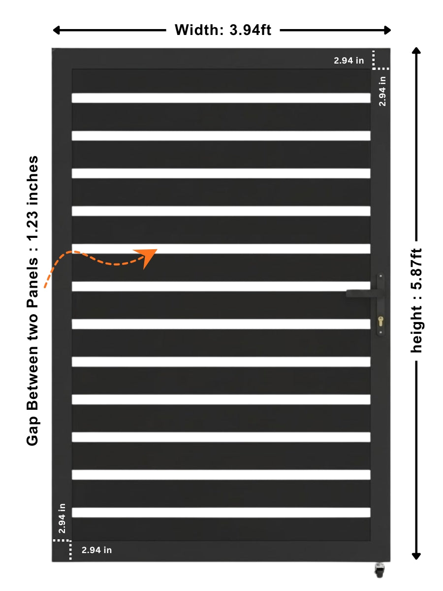 Aluminum semi-privacy gate diagram showing 3.94-foot width, 5.87-foot height, and 1.23-inch slat gaps
