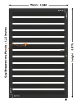 Aluminum semi-privacy gate diagram showing 3.94-foot width, 5.87-foot height, and 1.23-inch slat gaps