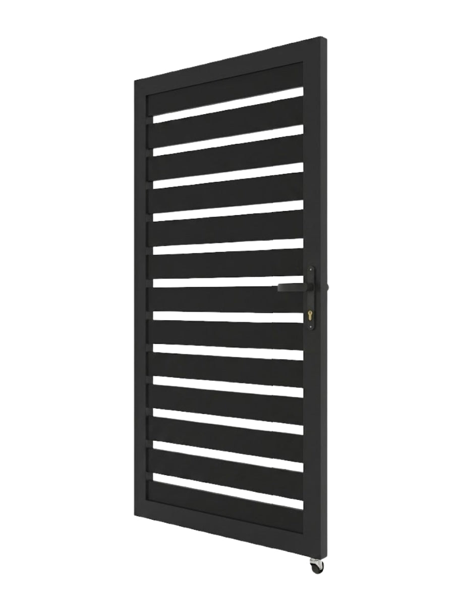 Angled front view of modern black aluminum fence gate with horizontal semi-privacy slats