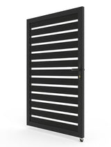 Black 4x6 aluminum fence gate shown at an angle with horizontal semi-privacy slats