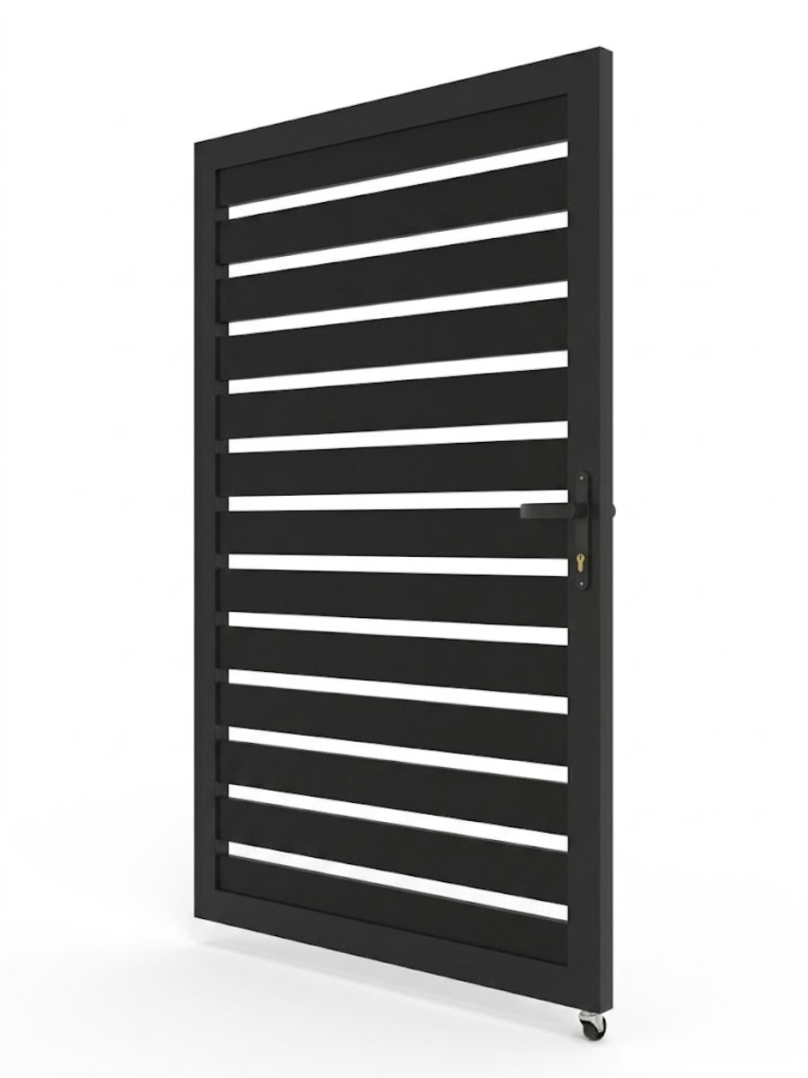 Black 4x6 aluminum fence gate shown at an angle with horizontal semi-privacy slats