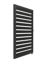 Angled rear view of black 3x6 aluminum semi-privacy fence gate with handle and bottom wheel