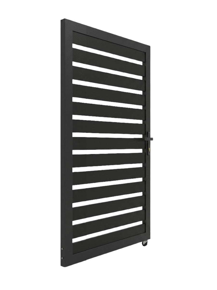 Angled rear view of black 3x6 aluminum semi-privacy fence gate with handle and bottom wheel