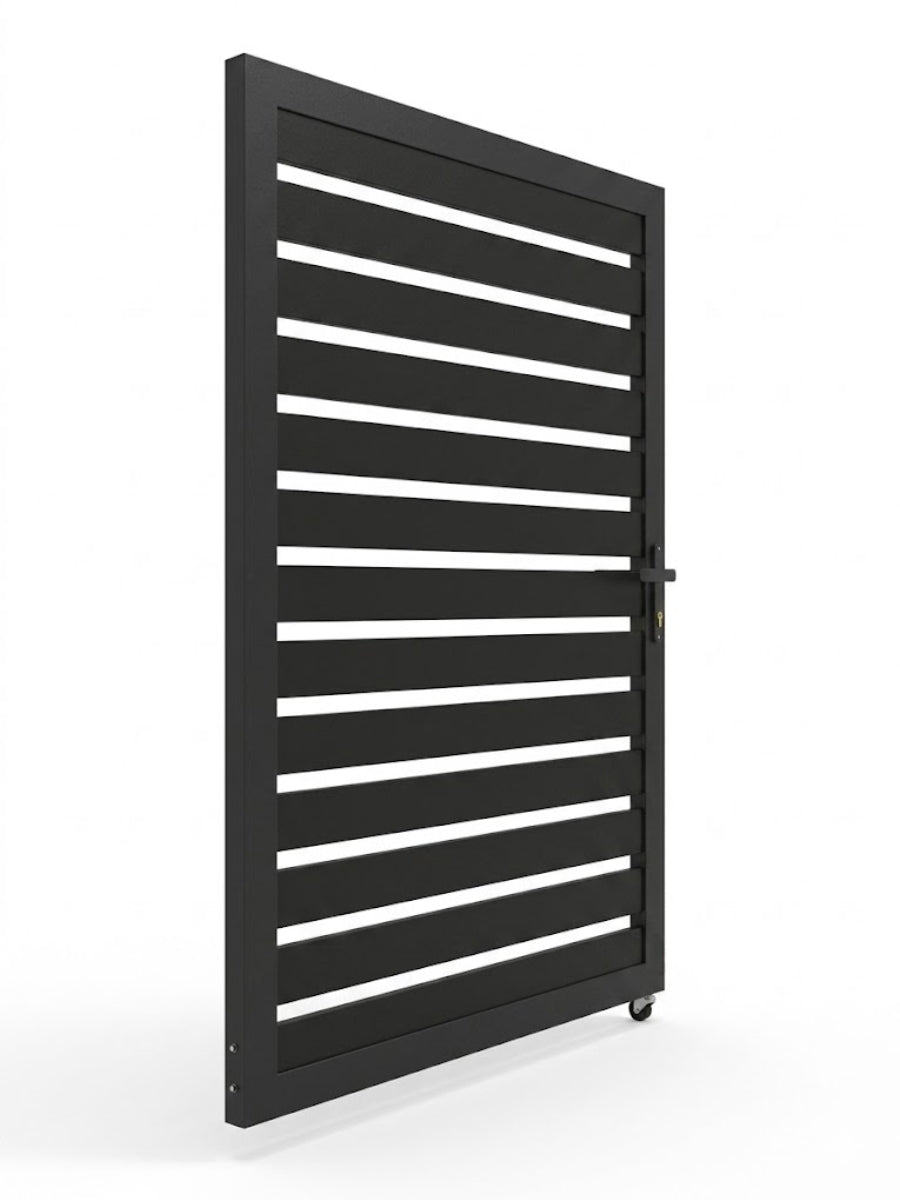 Angled rear view of modern black aluminum gate with horizontal slats and bottom roller