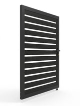 Angled rear view of modern black aluminum gate with horizontal slats and bottom roller