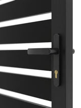 Close-up of the black handle and keyed lock on the aluminum fence gate