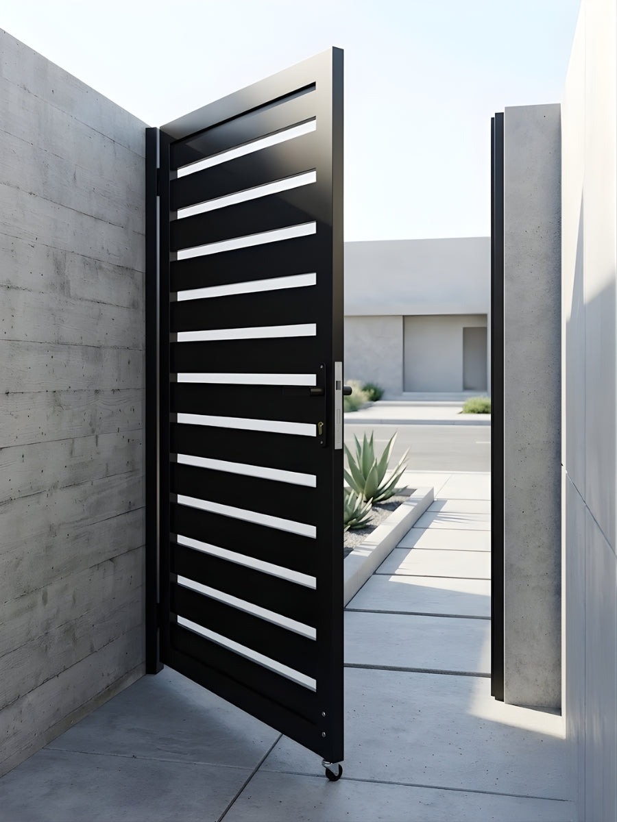 Open black aluminum semi-privacy gate installed in a modern concrete entryway