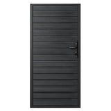 Dark aluminum 3x6 full privacy fence gate with horizontal slats, frame, handle and lock