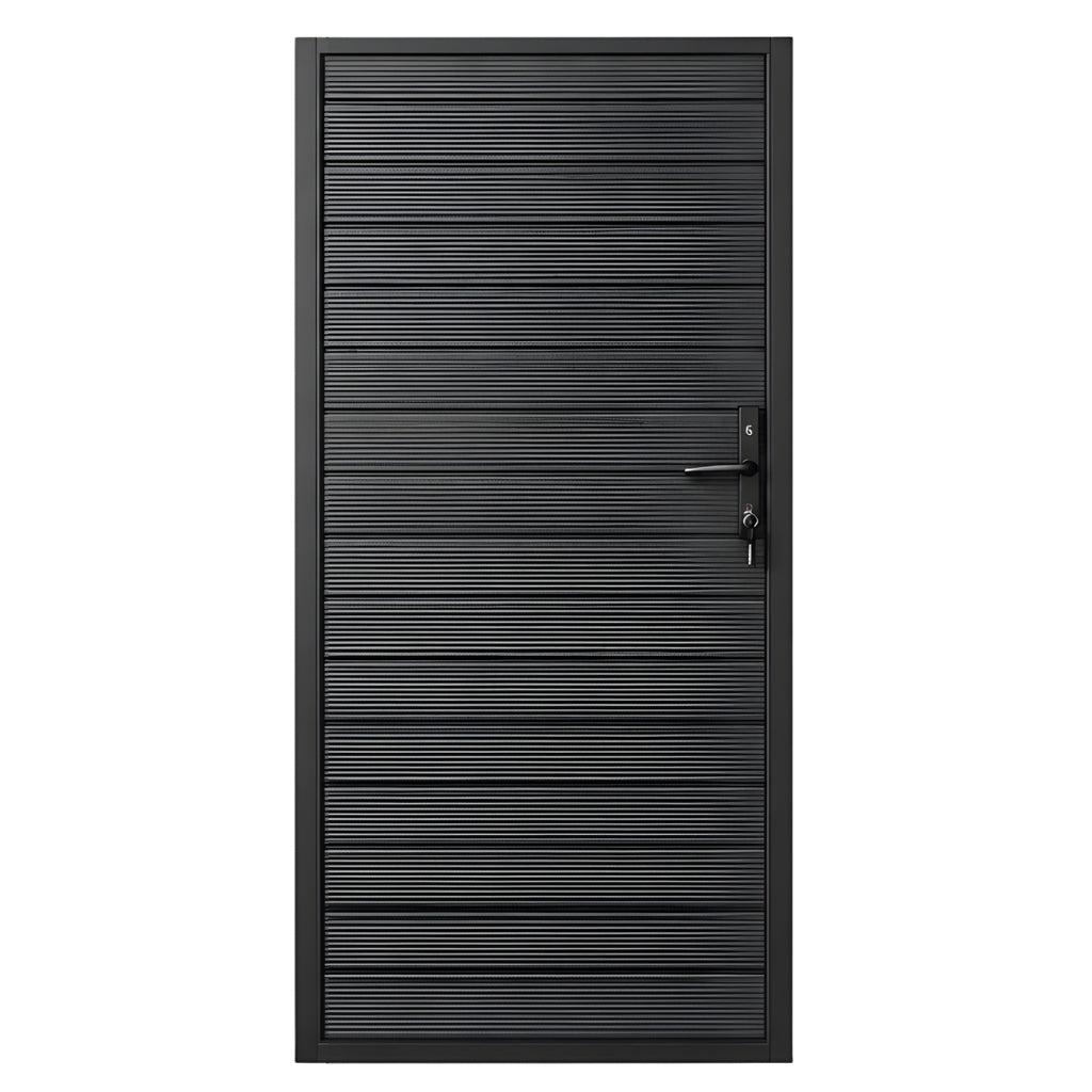 Dark aluminum 3x6 full privacy fence gate with horizontal slats, frame, handle and lock