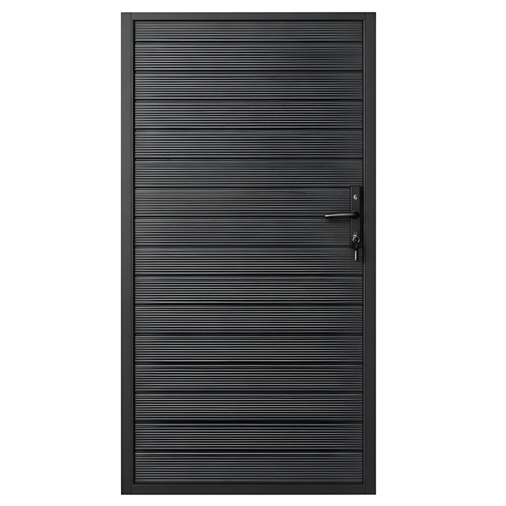 Front view of 4x6 dark aluminum full-privacy fence gate with horizontal slats, handle and lock