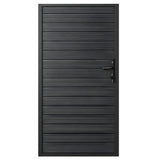 Front view of 4x6 dark aluminum full-privacy fence gate with horizontal slats, handle and lock