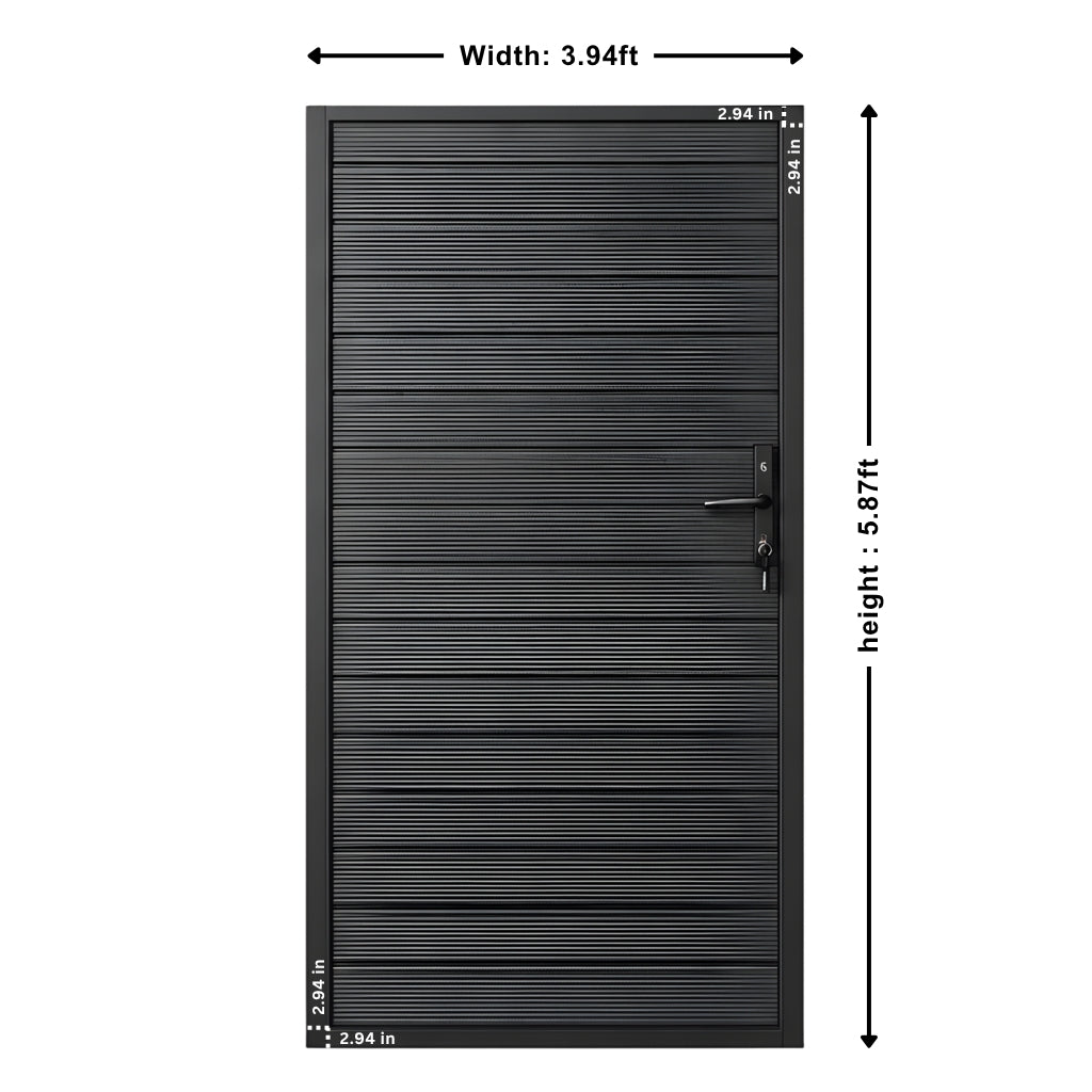 Aluminum privacy fence gate dimension diagram showing 3.94-foot width and 5.87-foot height