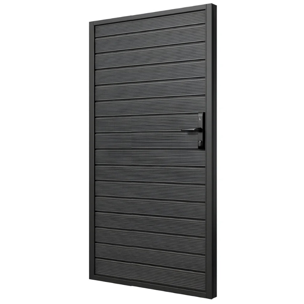 Angled view of modern dark aluminum 3x6 fence gate with full privacy slats and handle