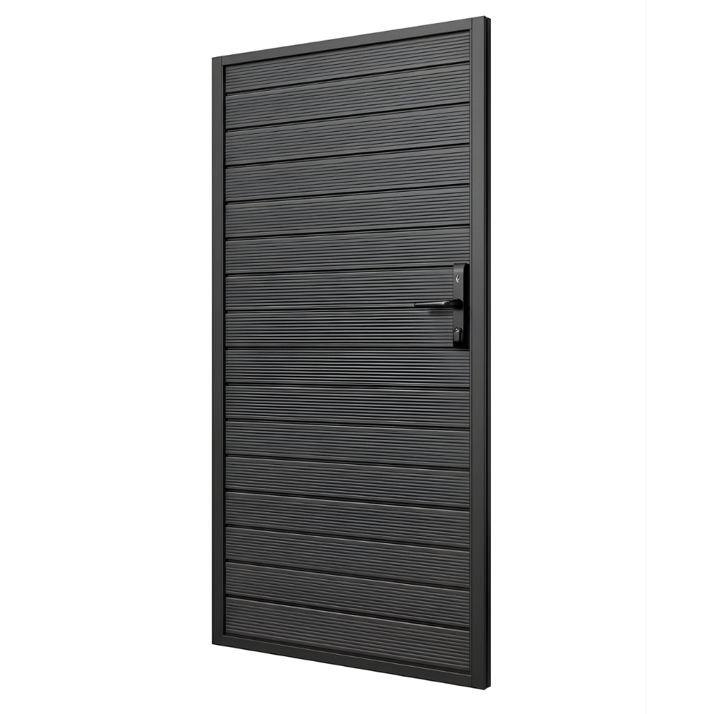 Three-quarter view of heavy-duty aluminum fence gate with dark horizontal slats and handle