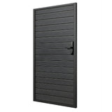 Three-quarter view of heavy-duty aluminum fence gate with dark horizontal slats and handle