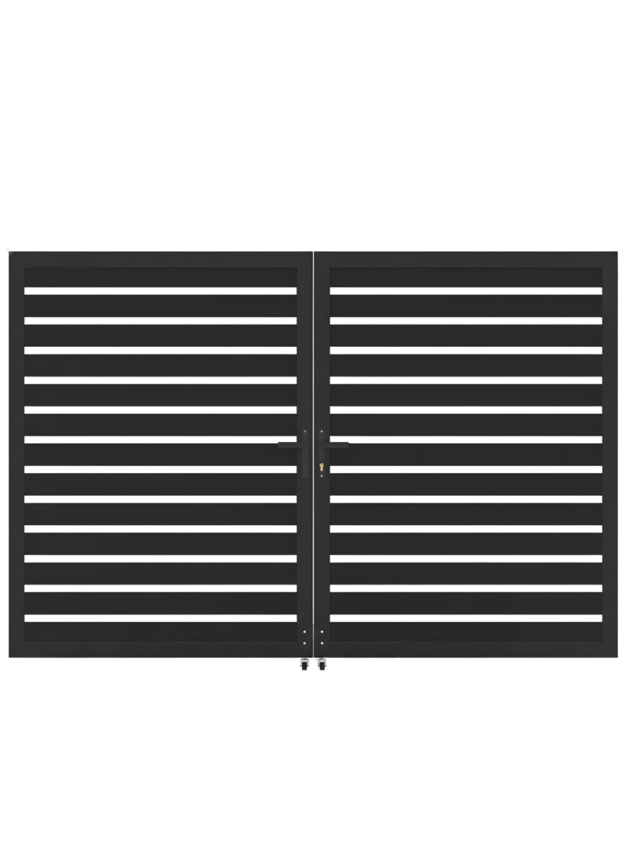 Black 10x6 aluminum semi-privacy double gate with modern horizontal slats