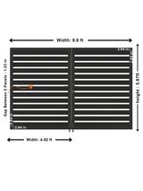 Aluminum semi-privacy double gate diagram showing 9.8-foot width and 5.87-foot height