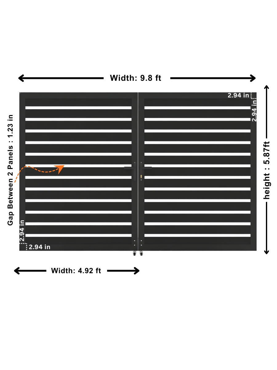 Aluminum semi-privacy double gate diagram showing 9.8-foot width and 5.87-foot height