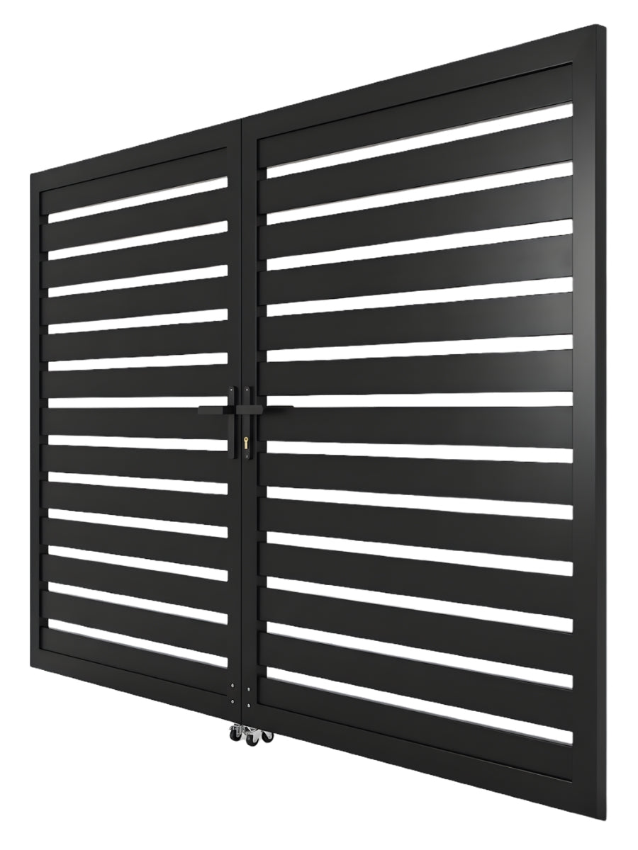 Angled view of modern black aluminum double gate with horizontal semi-privacy slats