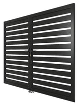 Angled view of modern black aluminum double gate with horizontal semi-privacy slats