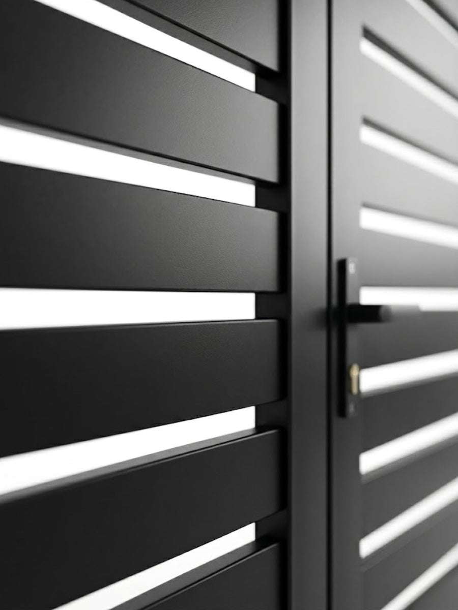 Close-up of black aluminum gate slats, frame, and handle hardware
