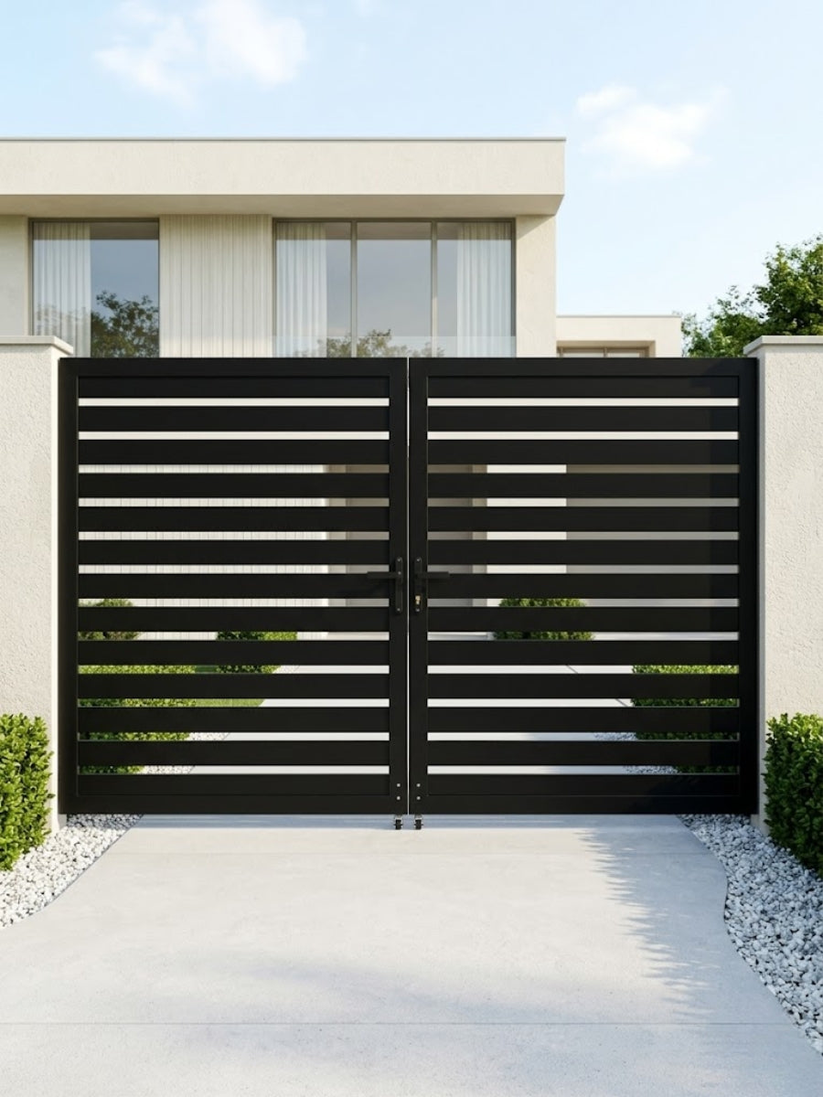 Black 10x6 aluminum semi-privacy double gate installed across a modern home driveway