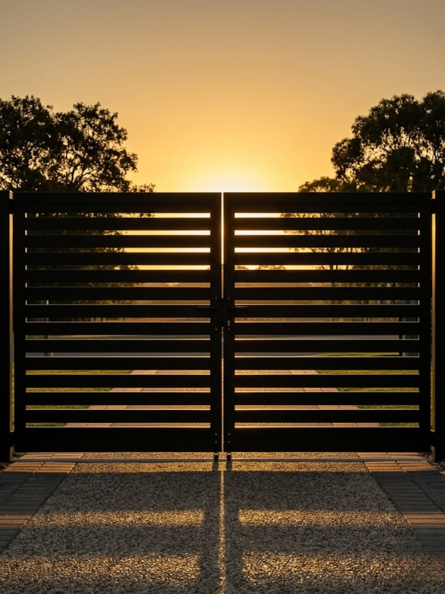 Silhouette of a slatted aluminum double gate against a golden sunset