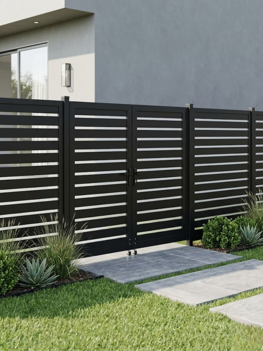 Black aluminum semi-privacy gate and matching fence installed along a landscaped walkway