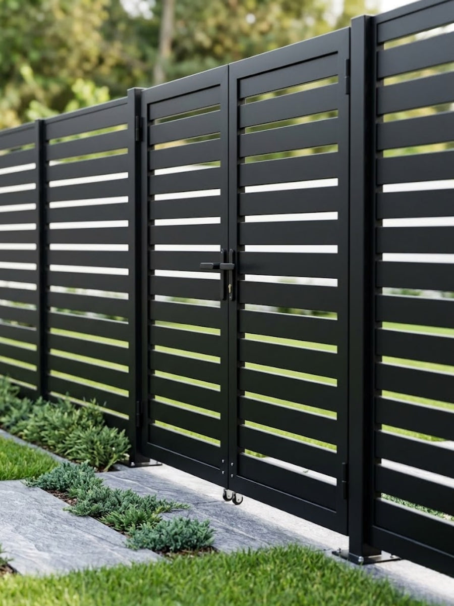 Black aluminum semi-privacy gate installed within matching horizontal slat fencing