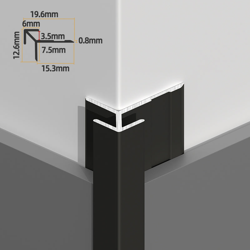 Close-up of aluminum sharp outside corner trim used with composite wall panels on a facade