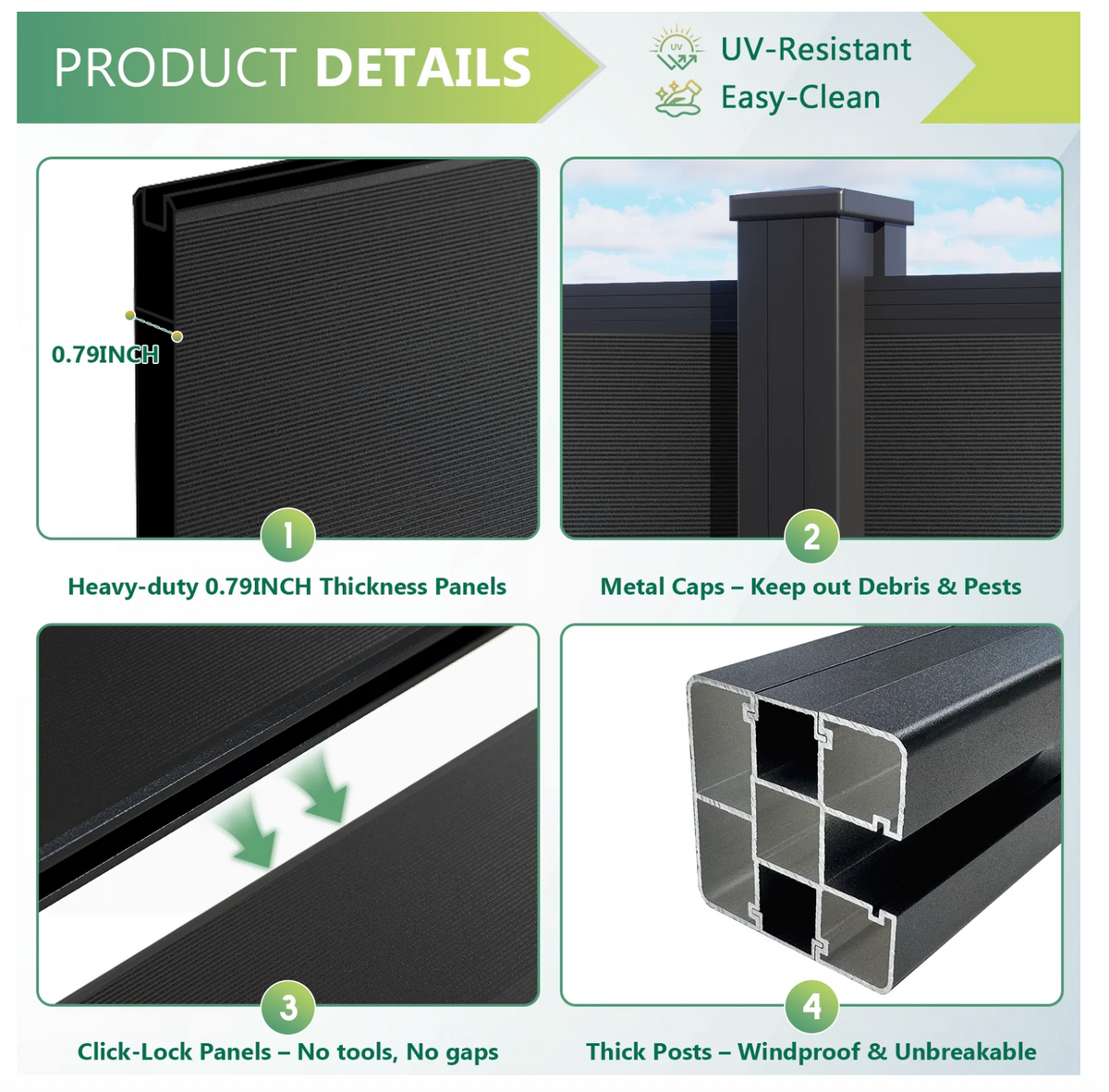 Black aluminum privacy fence detail chart showing panel thickness, metal post cap, click-lock slats, and post construction
