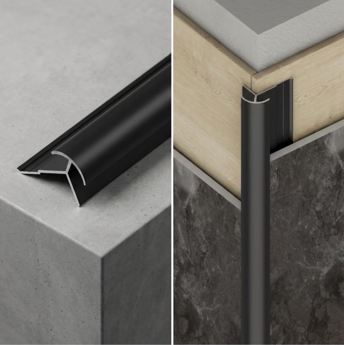 Black 5/16 x 110-inch aluminum alloy round outside corner trim shown in profile and installed between wall panels