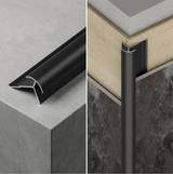 Black 5/16 x 110-inch aluminum alloy round outside corner trim shown in profile and installed between wall panels