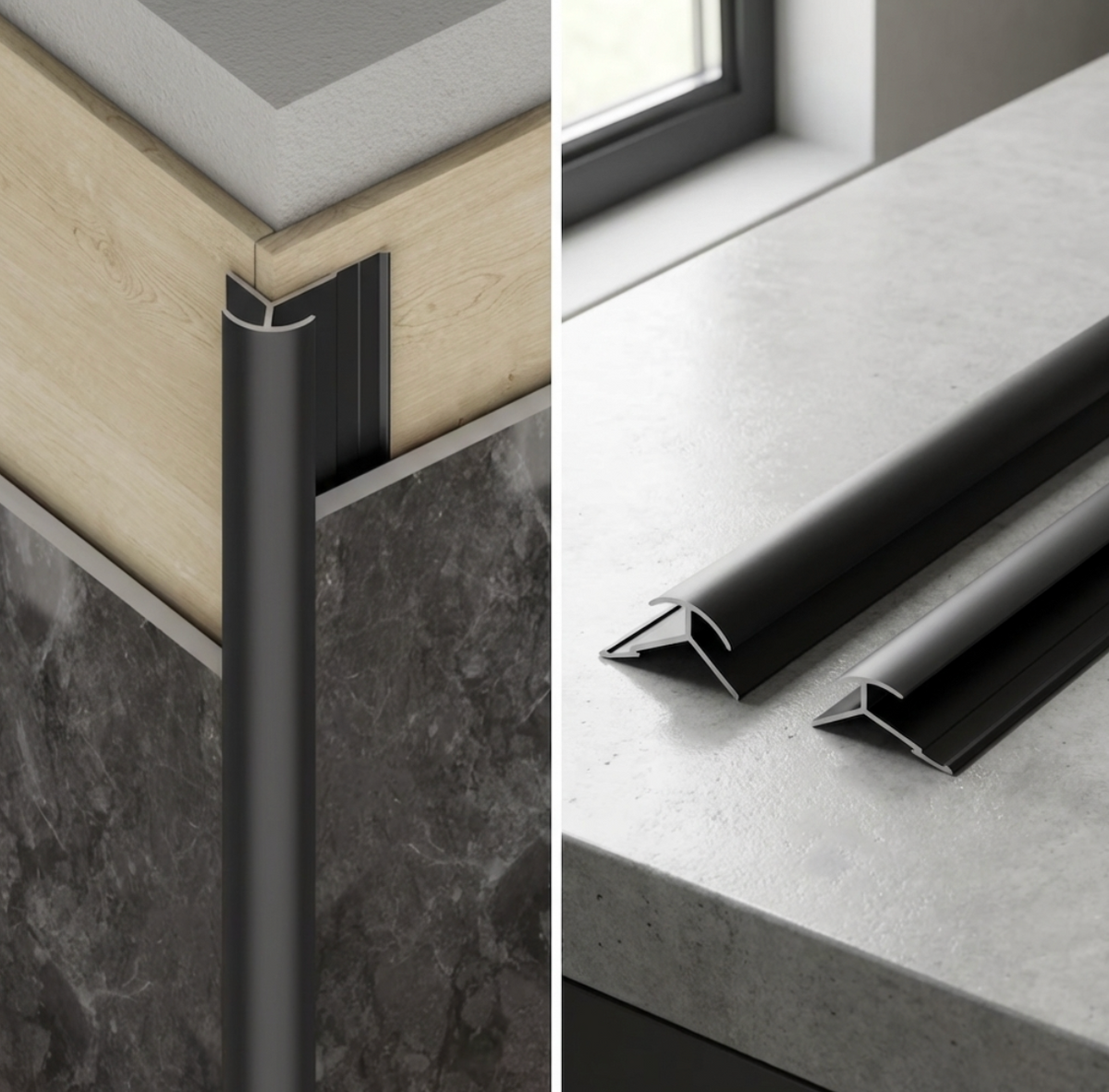 Black aluminum alloy round outside corner trim installed over dark stone and wood panels beside two loose trim profiles